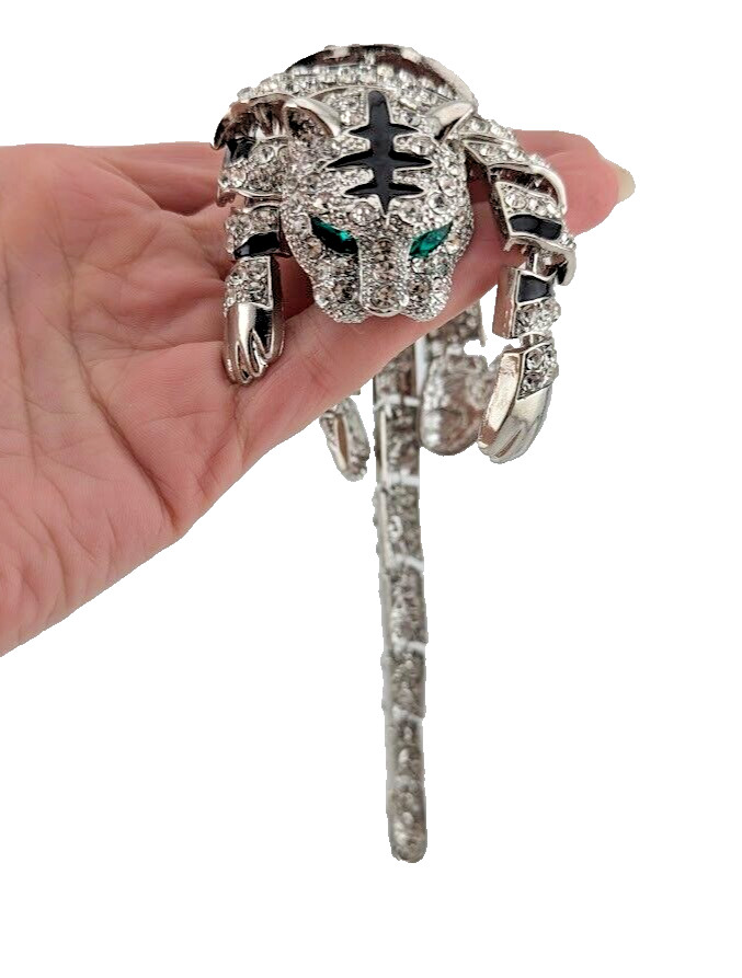 HUGE DRAPING WHITE TIGER SHOULDER BROOCH crystal enamel silvertone panther 7Z