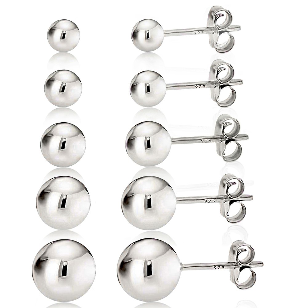 925 Sterling Silver High Polish Smooth Round Ball Stud Earring 5-Size Set