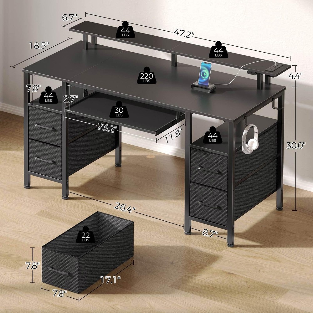 Seventable Computer Desk 47.2" with LED Lights & Power Outlets, Home Office D...