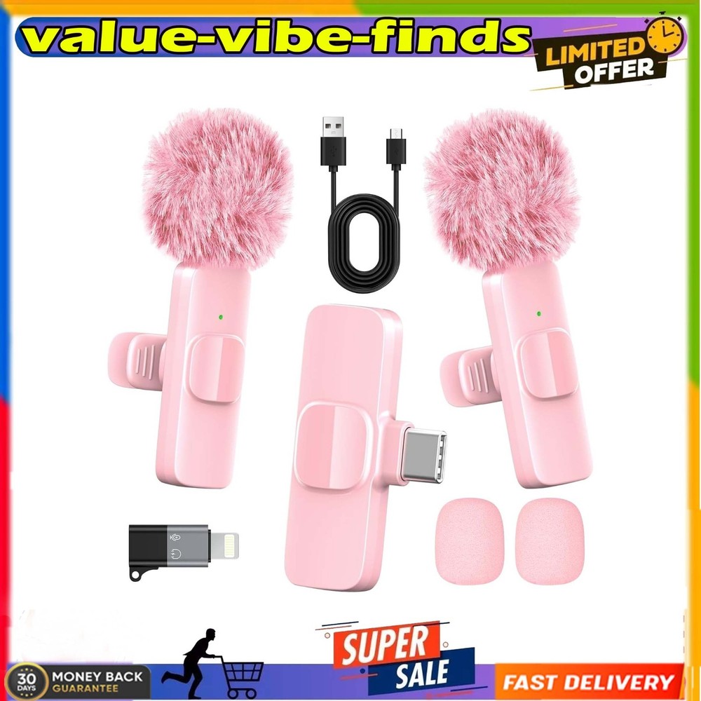 Pink Wireless Lavalier Microphone for iPhone & Android - Mini Clip-On Mic with N