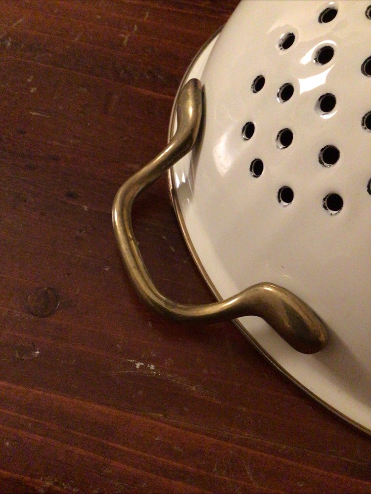 Vintage Cornucopia Enamel & Brass Colander Strainer with Mixed Fruit Design 9"