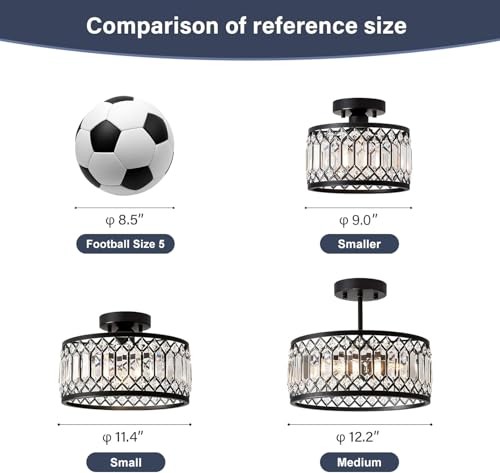 Crystal Ceiling Light, Modern Semi Flush Mount Ceiling Lighting 12.2in Black