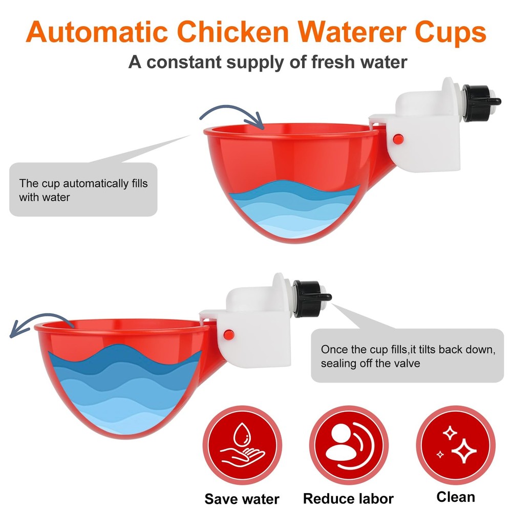 Automatic Chicken Waterer Cups 6 Pack Large Leakproof Poultry Feeder - Easy