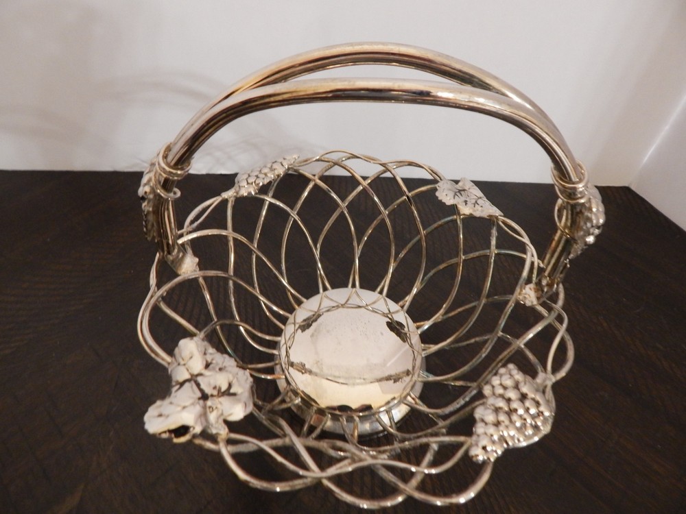 Studio Silversmiths Silver Plated Wire Basket w/ Swivel Handle & Grape Vine Deco