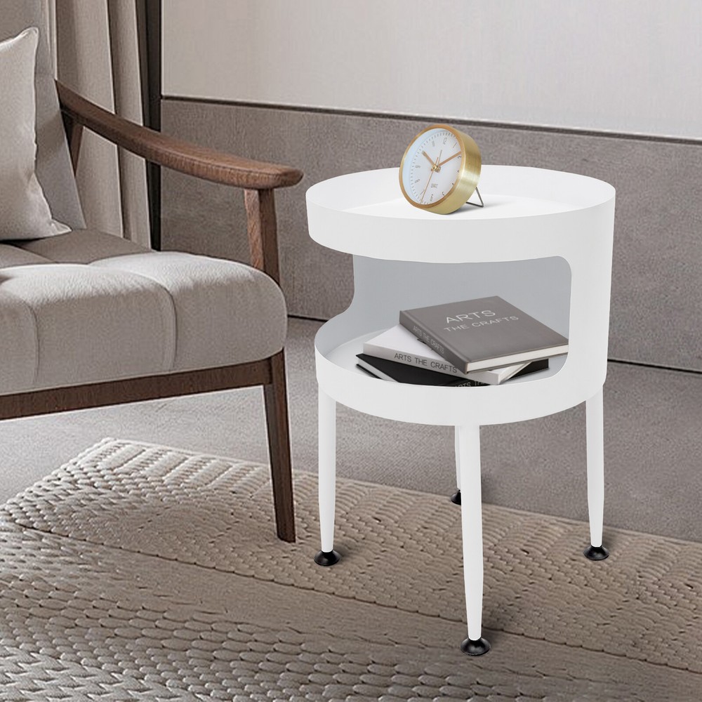 Round Table with Open Storage, Iron Bedside Table Modern Side Table 40x40x55cm