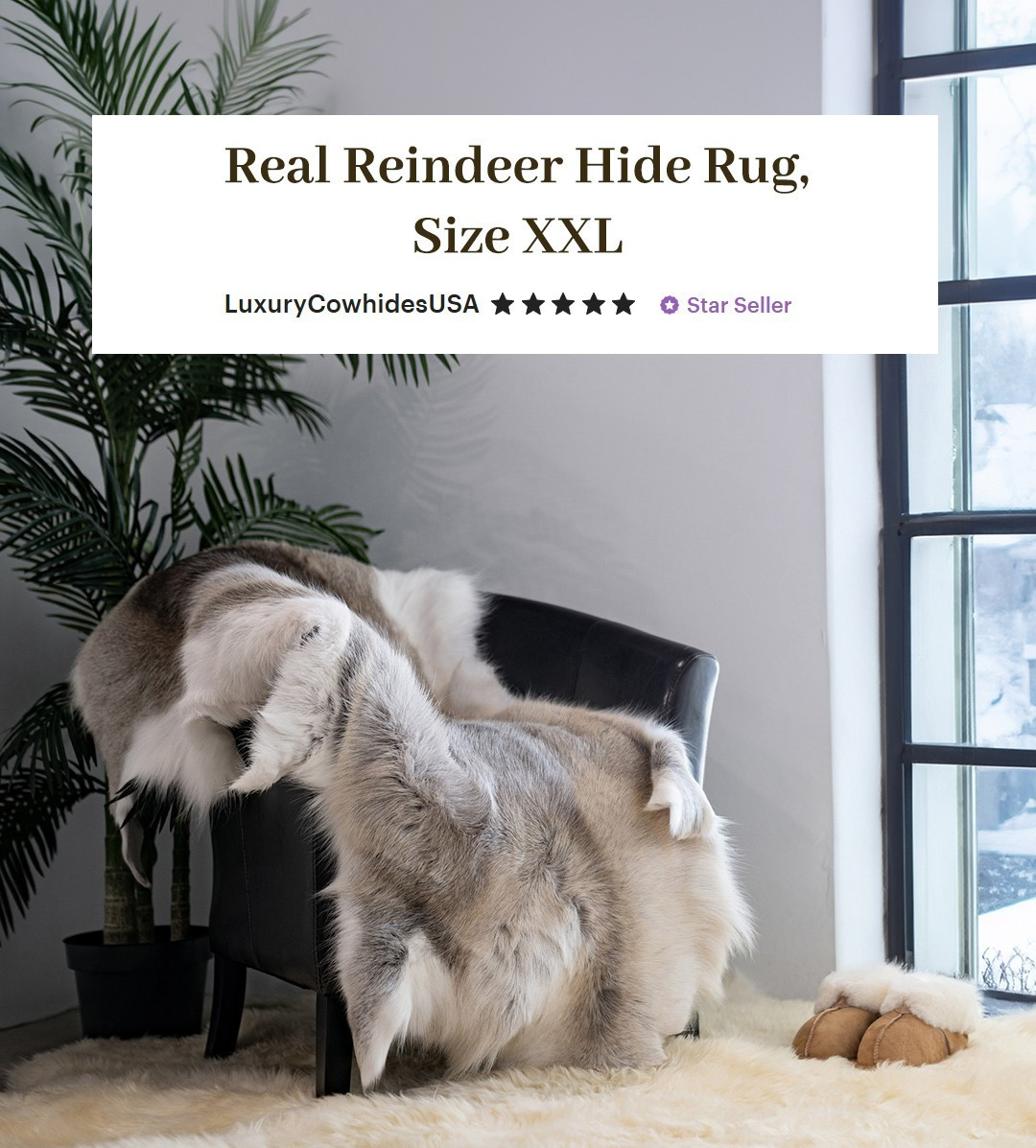 Greyish Genuine Reindeer Hide Rug - Size 3x5'