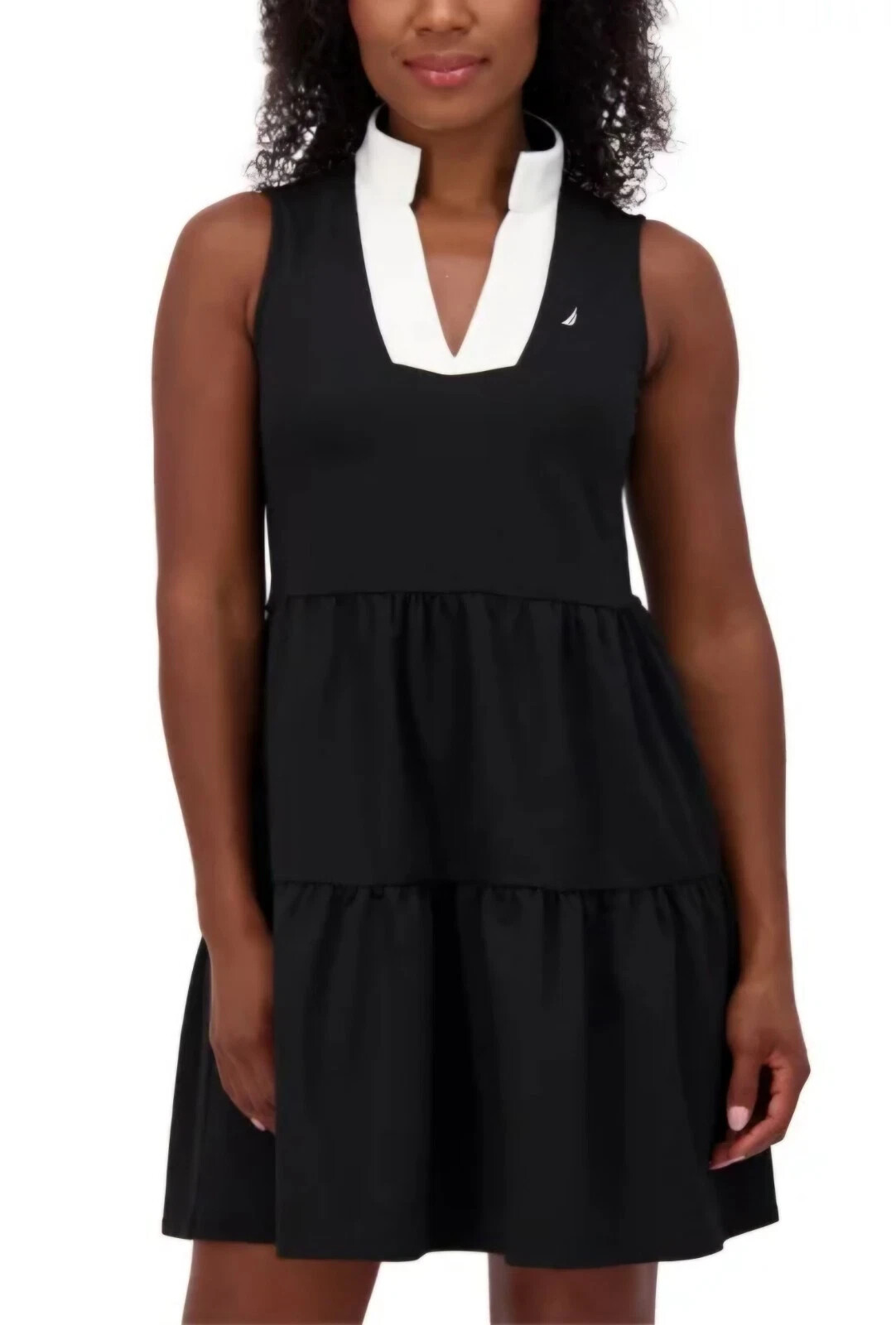 Nautica Jeans Women's Tiered Collar Sleeveless Mini Dress, Black, Size L