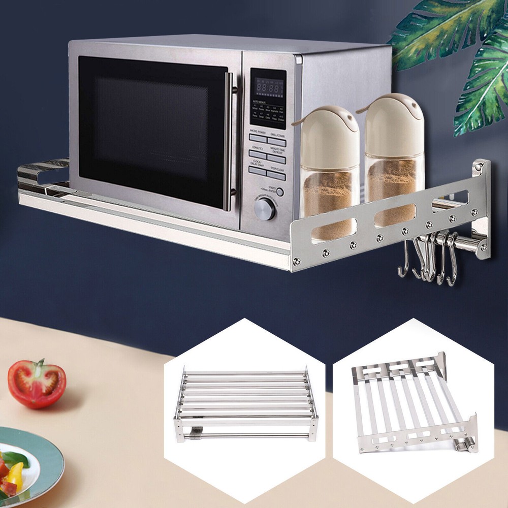 Wall Mount Microwave Oven Shelf Kitchen Item Storage Bracket W/12Hooks Stainless