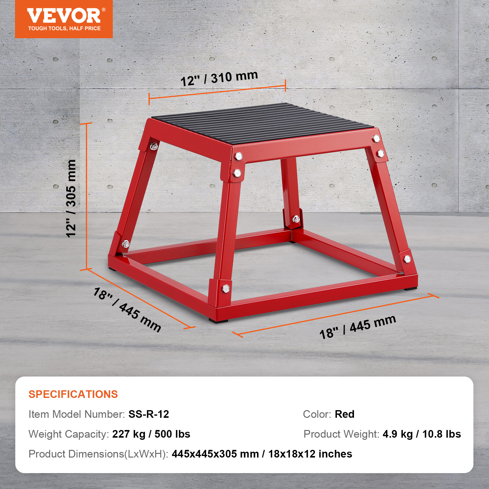 VEVOR 12" Plyometric Jump Box Fitness Exercise Plyo Box Step Cross Antislip Red