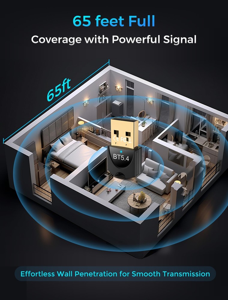 5.4 USB Bluetooth Adapter for PC, Dual Mode (BLE+EDR) Plug & Play, Up to 7 De