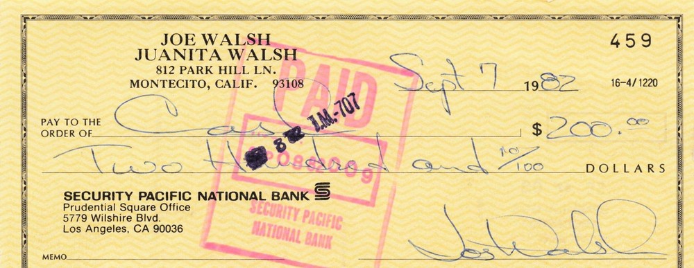 Joe Walsh SIGNED Cancelled Check 1982 The Eagles