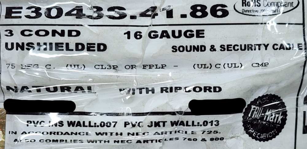 Carol E3043S 16/3C Plenum Media/Communication/Control Cable CMP White /50ft