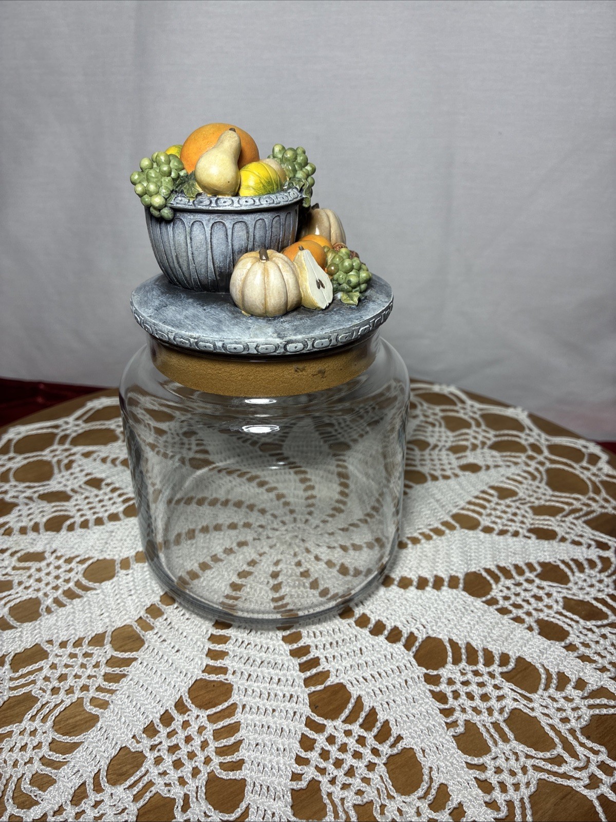 Empty Candle Jar. Fall Harvest Decorative Top Storage. Clear Glass