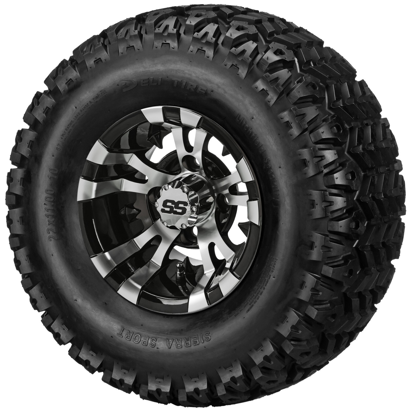 (4) Golf Cart 22x11-10 Sierra Sport Tires on 10x7 Black/Machined Vampire Wheels