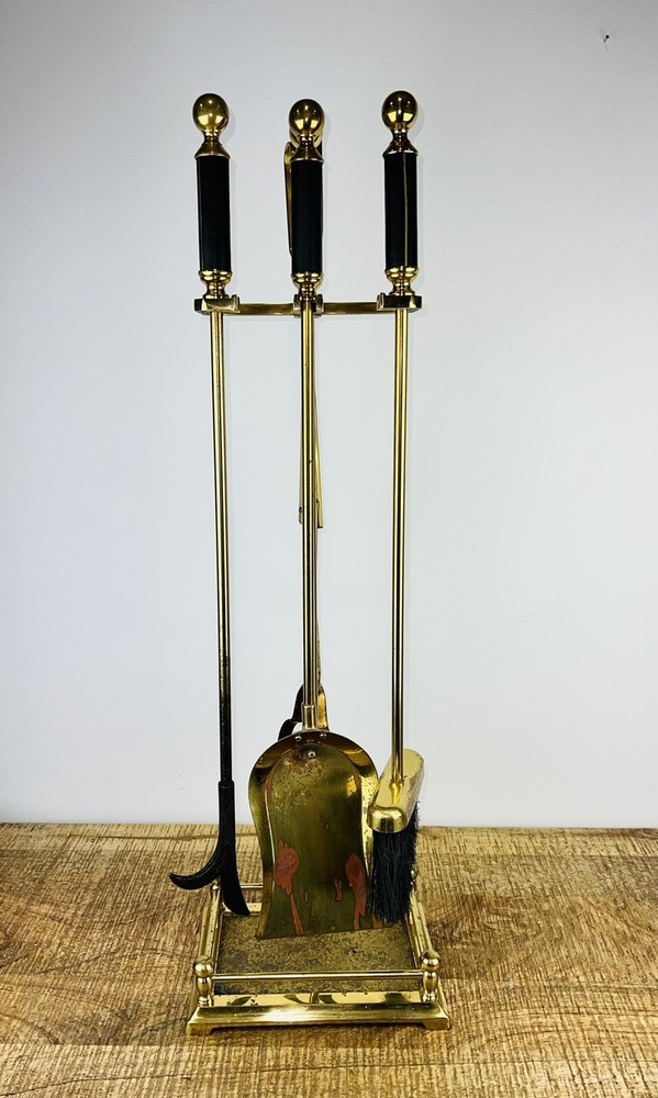 Vintage Solid Brass Black Leather Handles MCM  Fireplace 5 Piece Tool Set