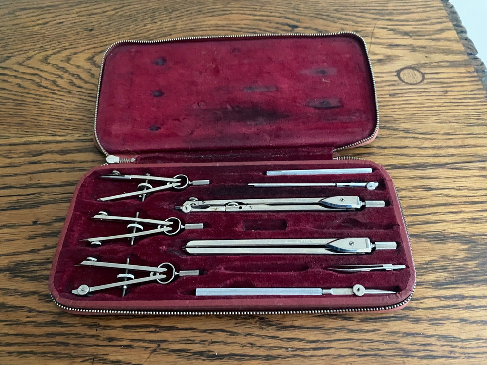 COMPREHENSIVE CASED VINTAGE TECHNICAL DRAWING DRAFTING COMPASS SET