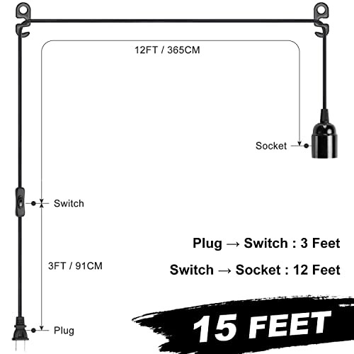 Hanging Light Cord 15Ft - Black, Pendant Light Cord with E26 Light Bulb Socket,