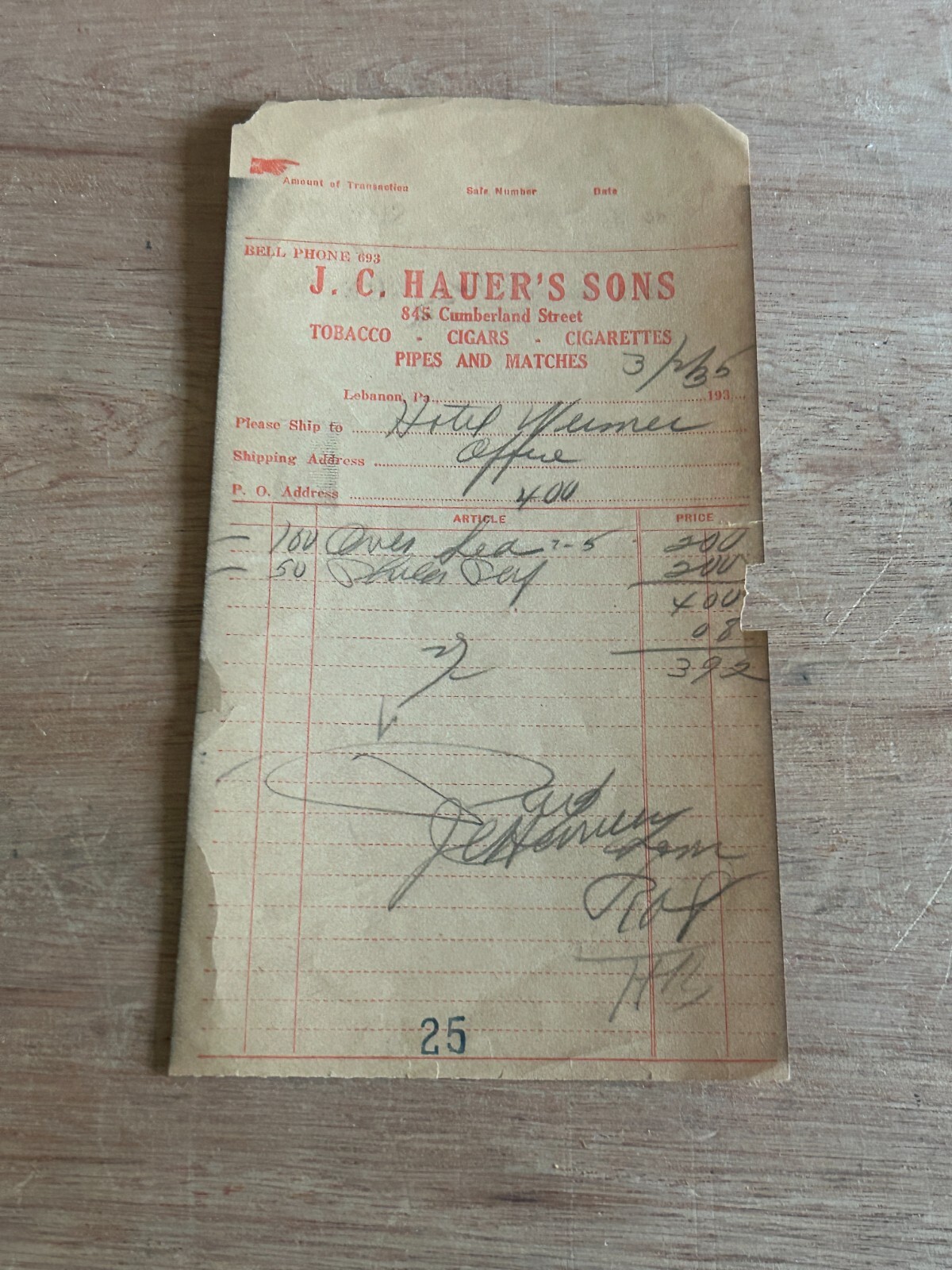 1935 Tobacco Cigar Invoice Billhead JC Hauer's Sons Hotel Weimer Vtg Rough Poor