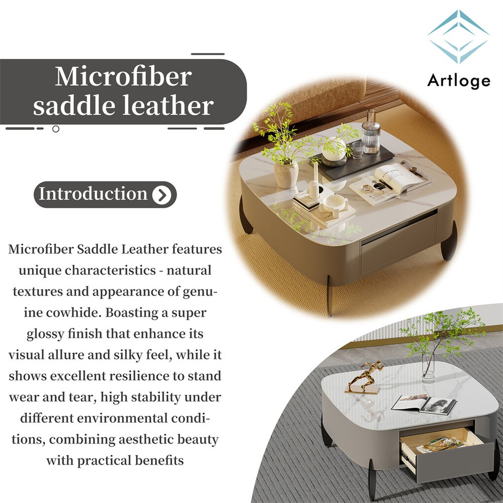 Square Marble Coffee Table Microfiber Saddle Leather Center Table with 2 Drawers