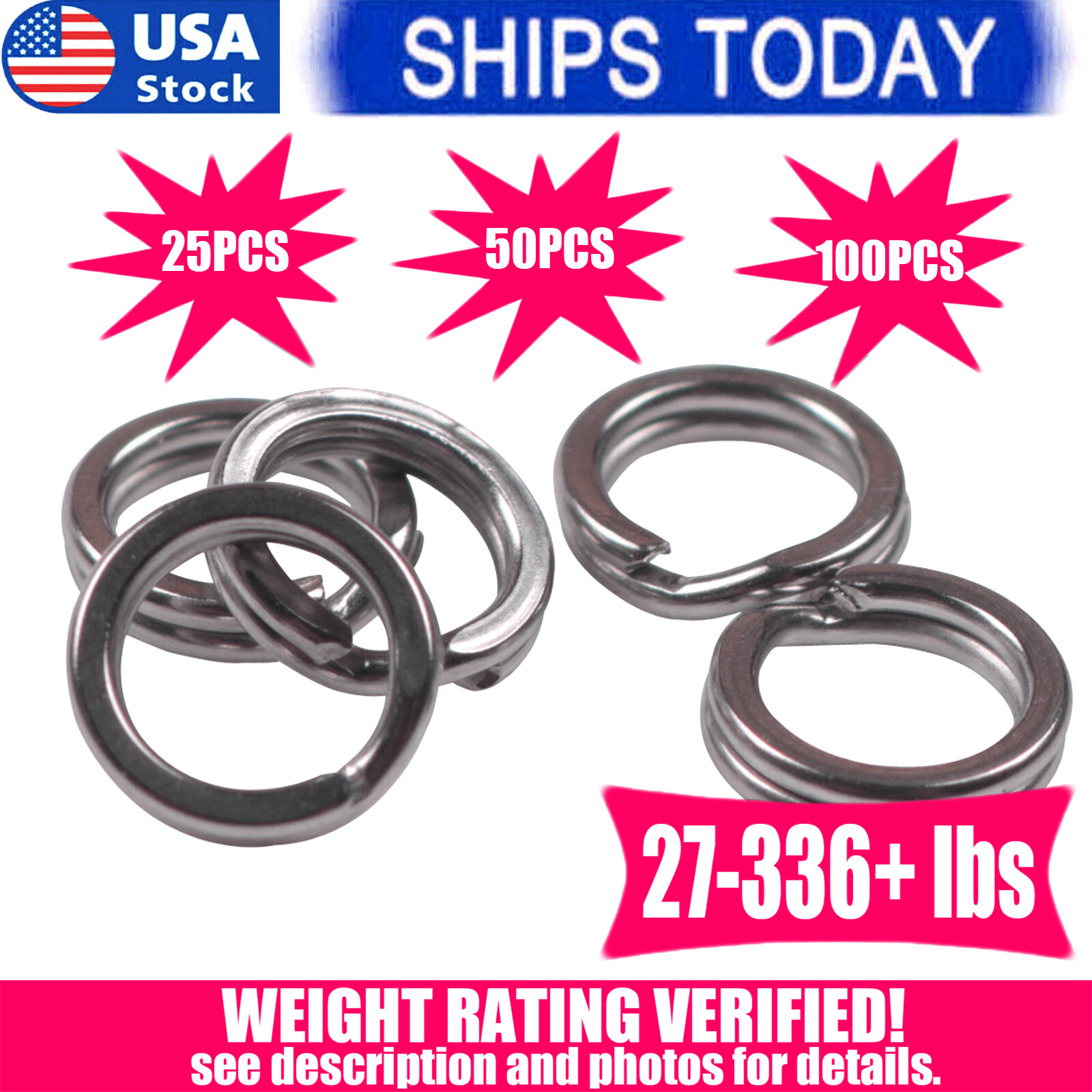 25/50/100 PCS Stainless Steel Heavy Duty Fishing Split Rings Big Game Saltwater