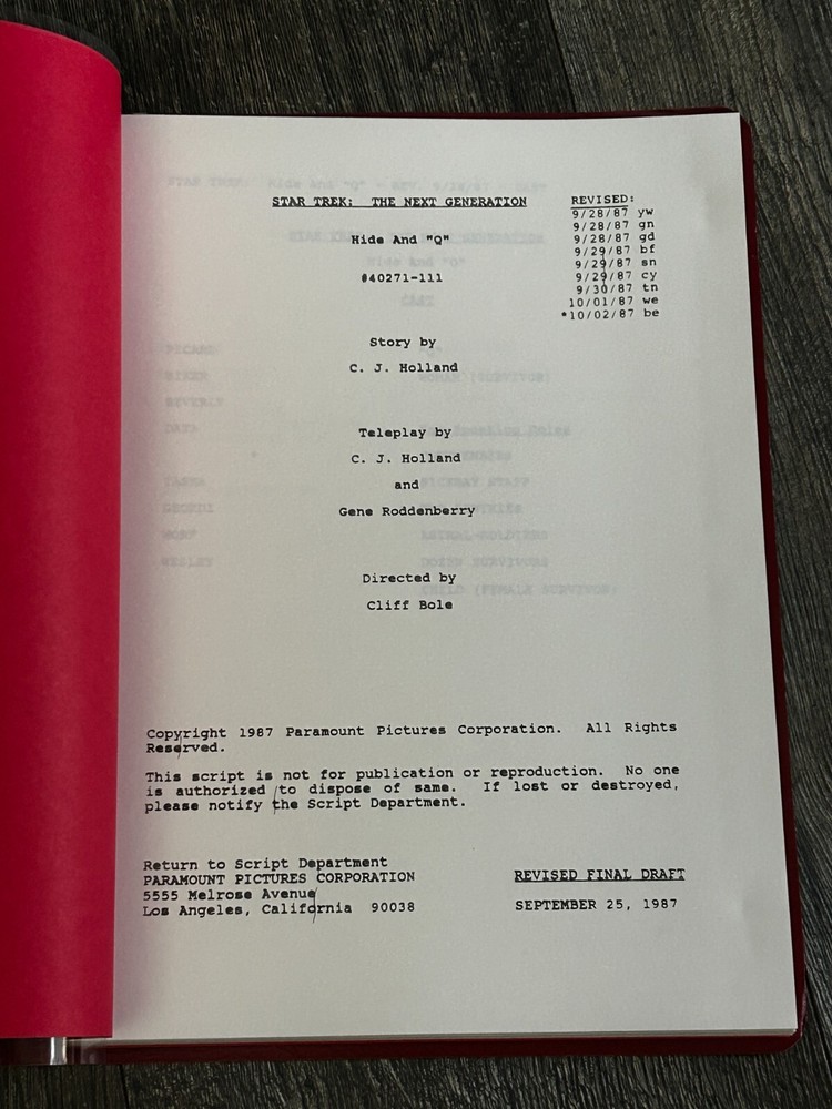 STAR TREK Script The Next Generation HIDE AND Q Revised Final Draft Sept 25 1987