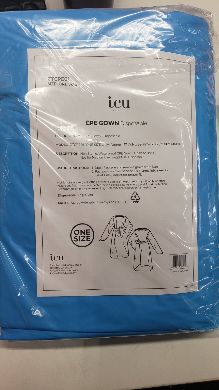 ICU Health CPE Gown Disposable CTCPE01 Open Back 10pk