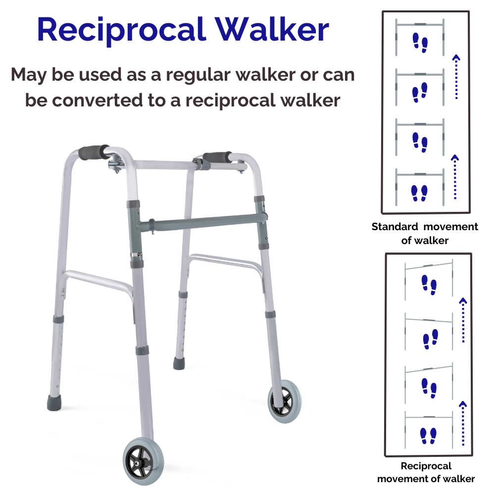 GAESCA Aluminum Reciprocal Walker with Front Wheels, Adjustable Height