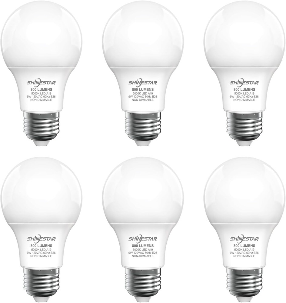 6-Pack A19 LED Light Bulbs 60W Equivalent 5000K Daylight E26 Non-Dimmable US