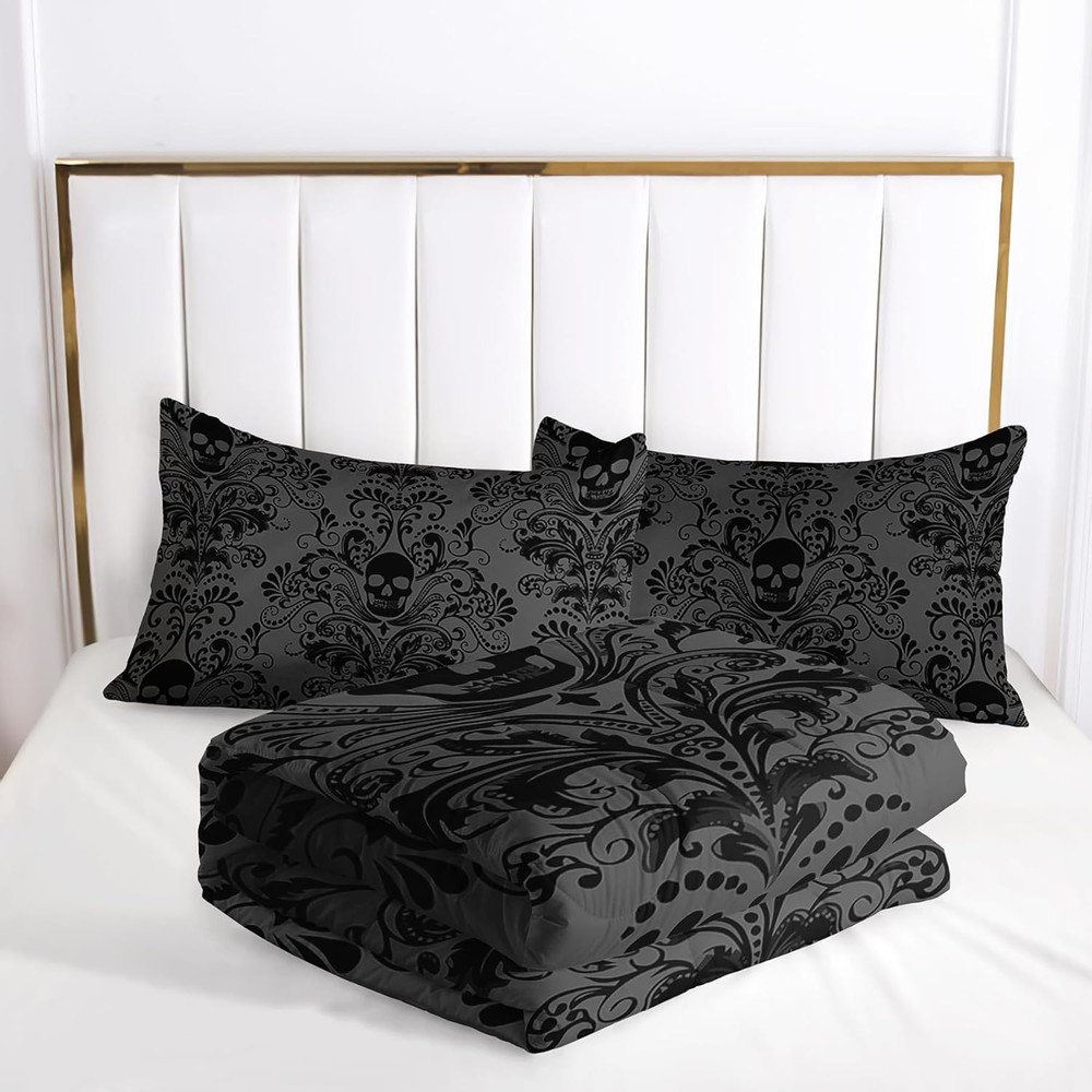 Skull Bedding Set - King Size Gothic Boho Comforter Set with Skull Pattern
