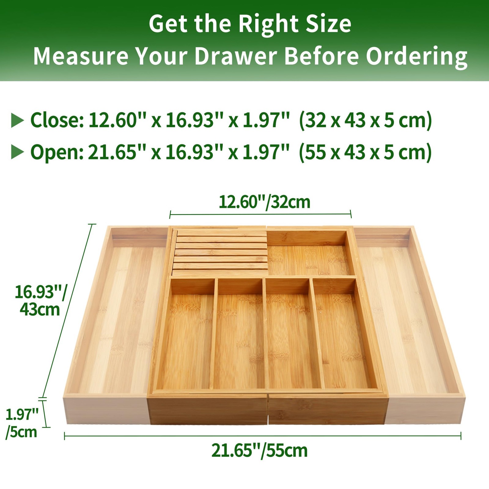 VaeFae Bamboo Silverware Drawer Large - Expandable with Block, Natural