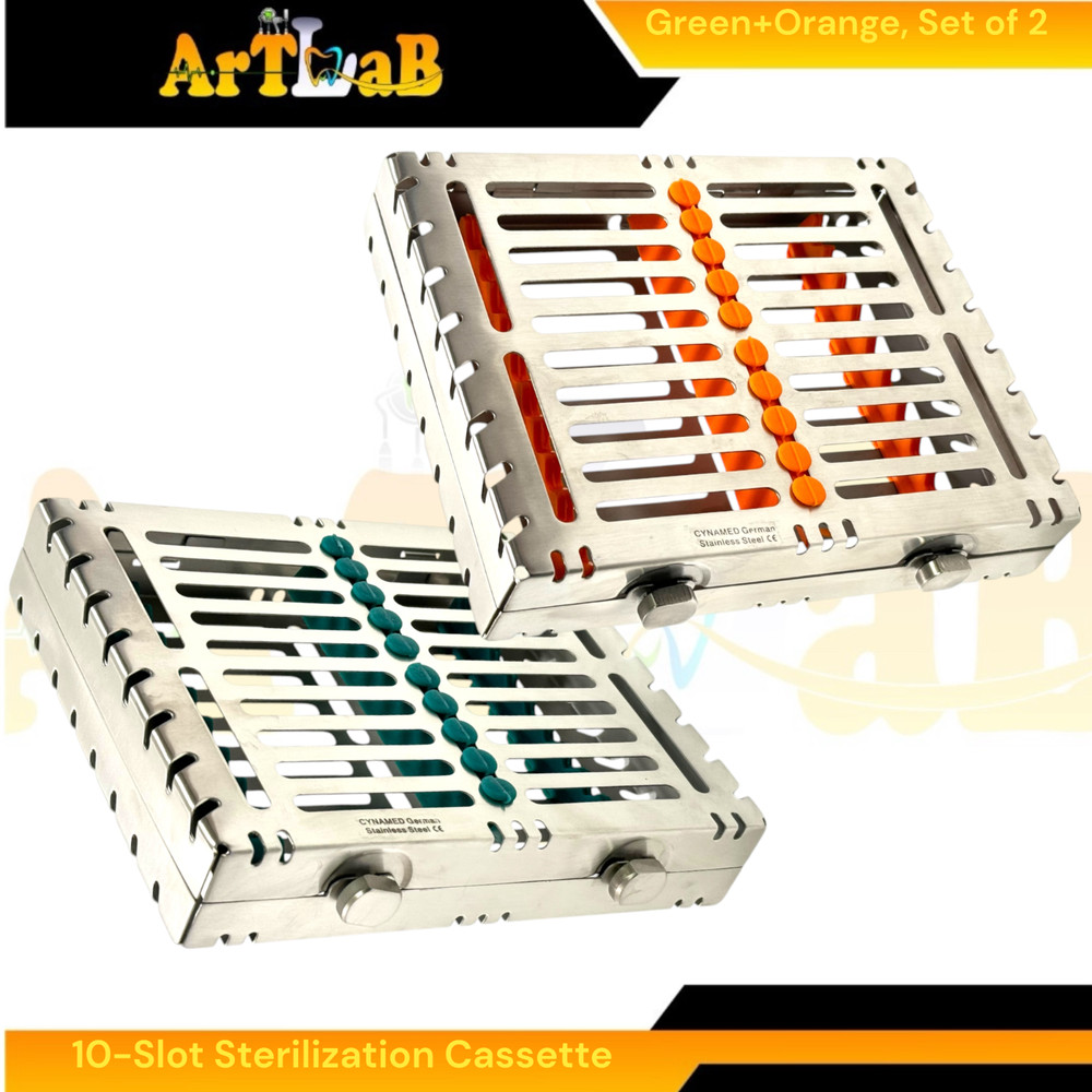 2 Count, Sterilization Cassette Boxes with Detachable Lid, Lockable,Green+Orange