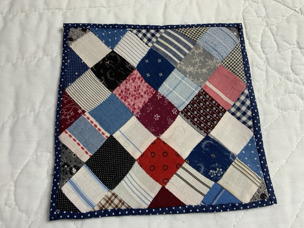 Vintage Patchwork Quilt Table Topper, Four Patch, Early Calico Prints, Blue, Red