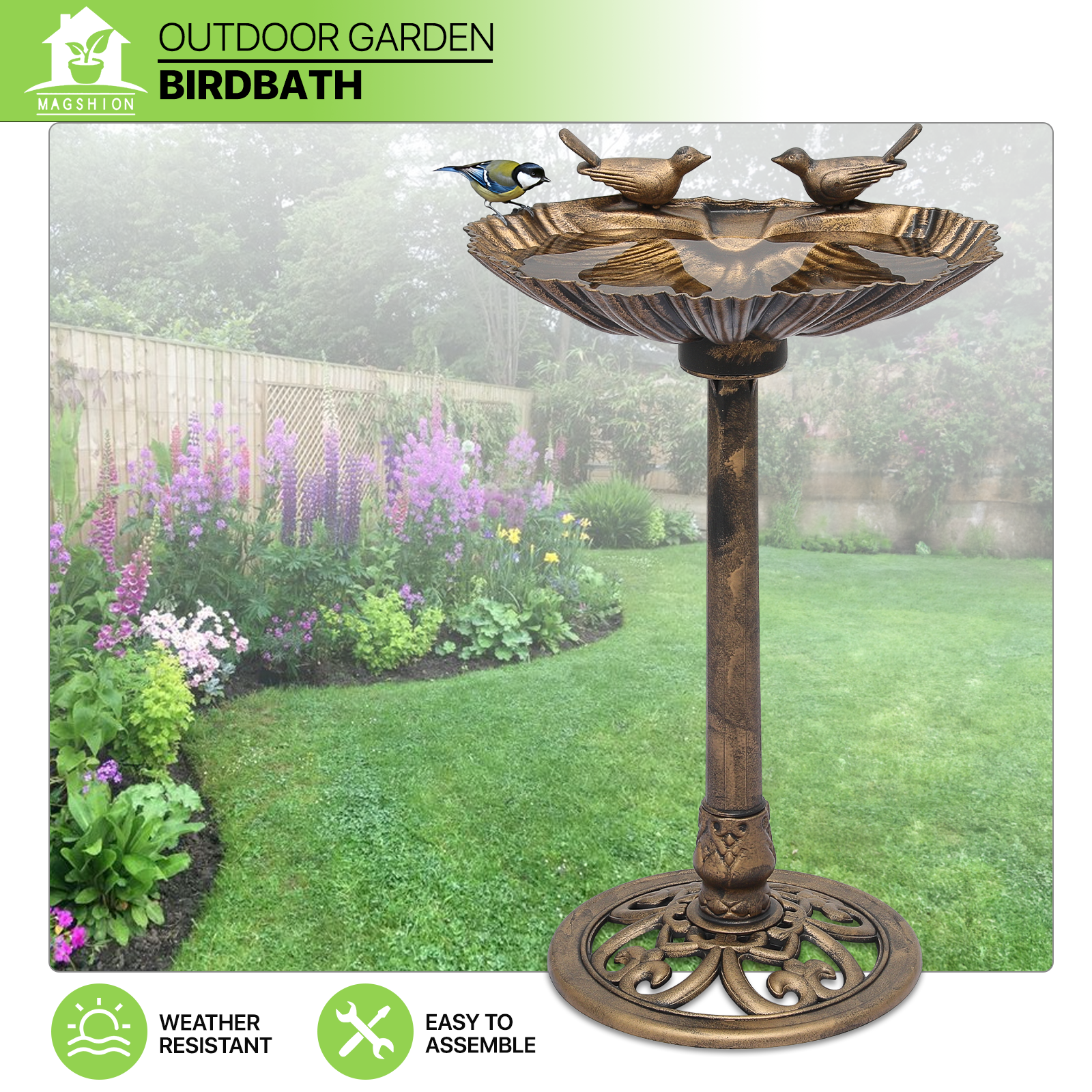 Outdoor Pedestal Solar Pumb Bird Bath Bronze Freestanding Garden Backyard D??cor