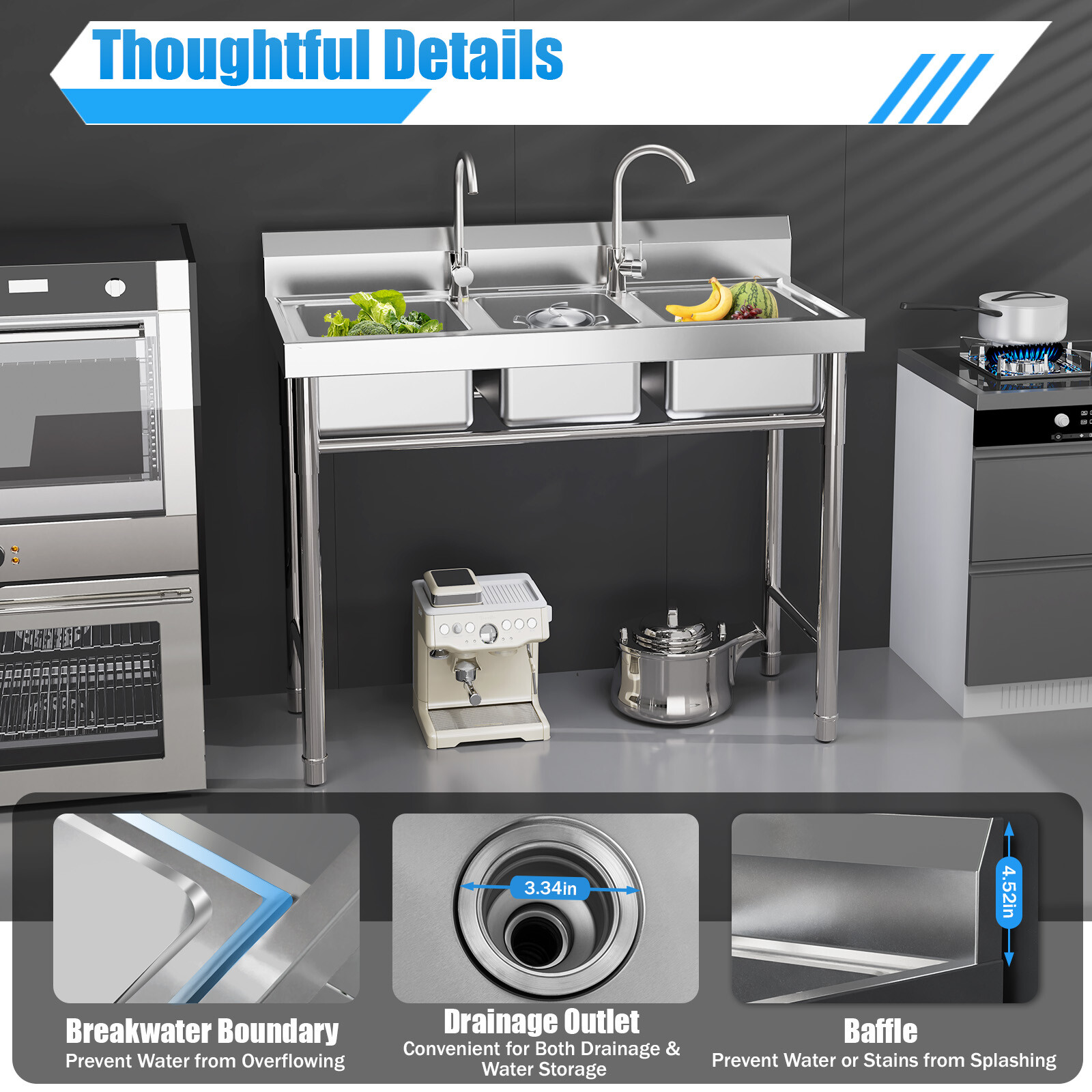 Commercial Stainless Steel 3-Compartment Sink for Kitchen & Catering Use