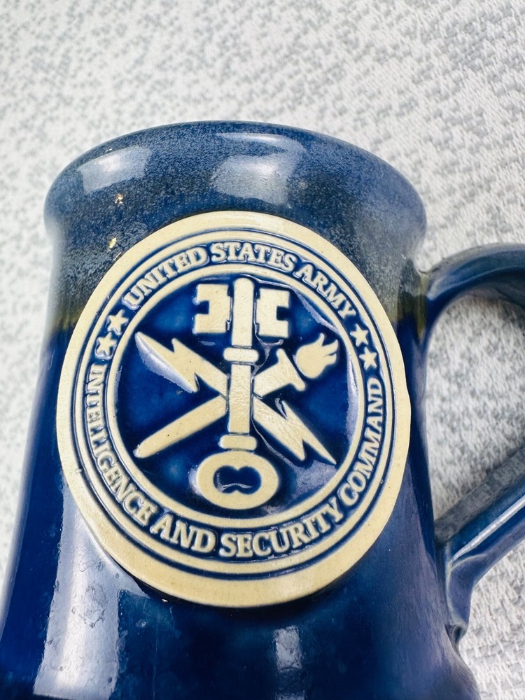 US Army INSCOM Intelligence & Security Command Grey Fox Pottery Mug Blue Glaze
