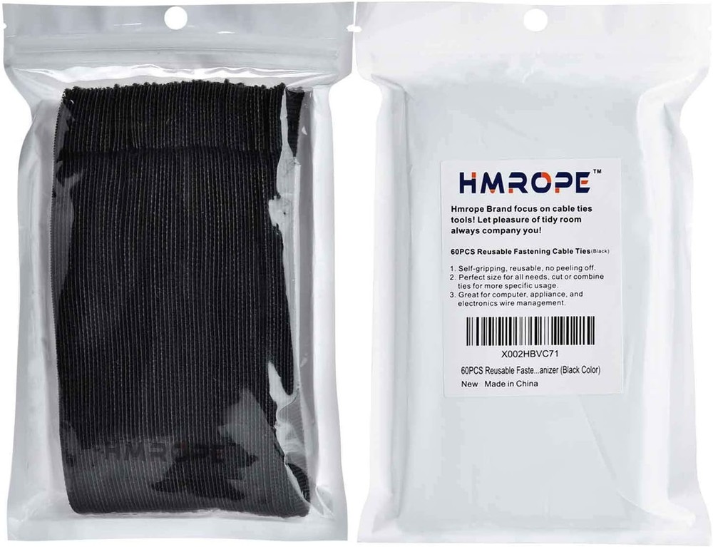 Durable 60PCS Hook & Loop Cable Ties – Reusable Microfiber Organizers in Black