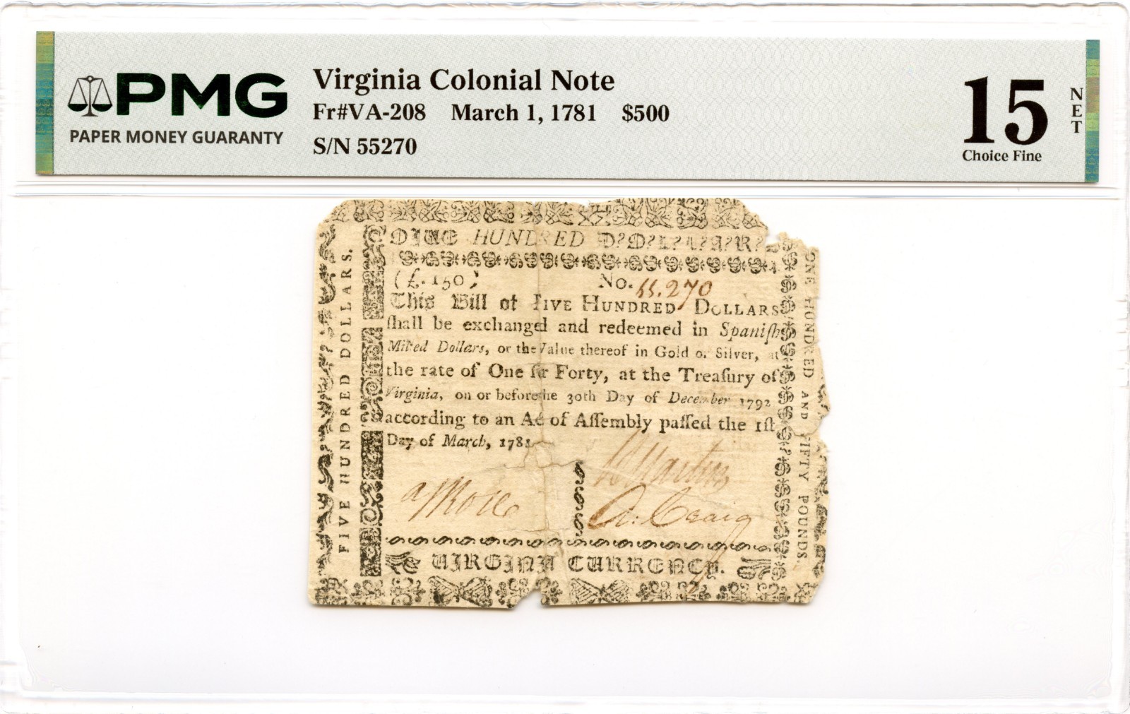 Virginia Colonial Note Fr#VA-208 March 1, 1781 $500 PMG F-15 *High Denomination*