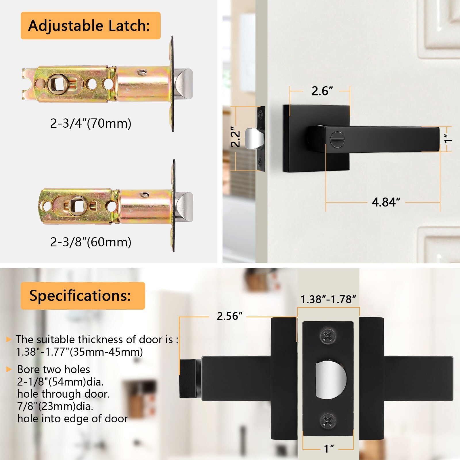 Probrico 5 Pack Black Square Door Handles Zinc Heavy Duty Privacy Lever Keyless