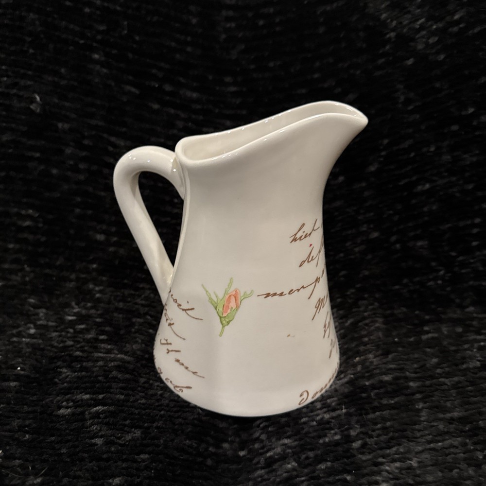Telaflora White Ceramic Pitcher Flower Vase planter Rose & French Script pattern