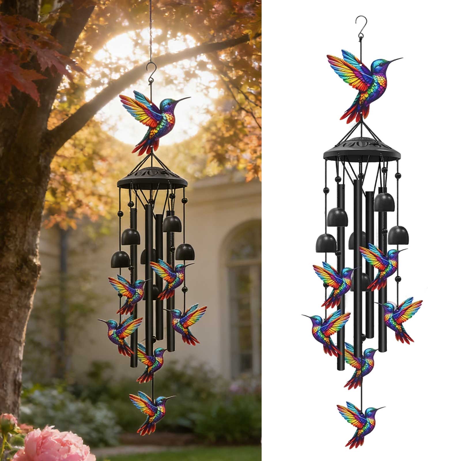 Hummingbird Wind Chimes Outdoor Garden & Yard Decor Black Aluminum Tubes Hanging