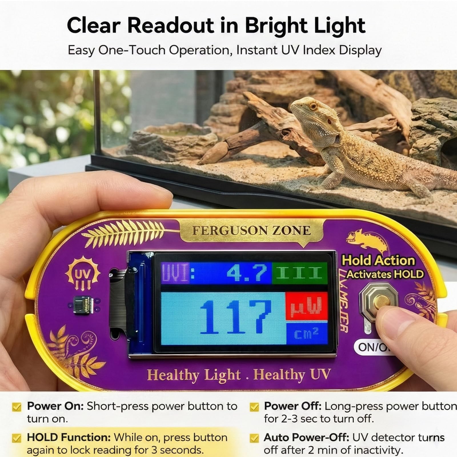 ClariVora Reptile UVB UVA Light Meter for Bearded Dragon Tank Yellow