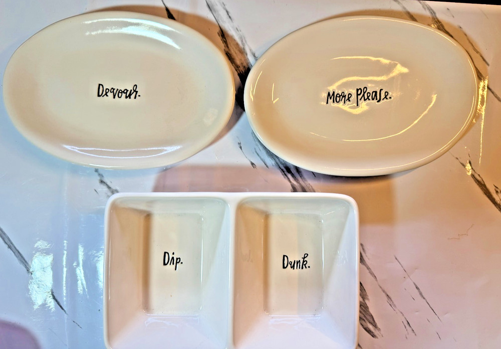 Rae Dunn 3 pc Serving Set. Dip/Dunk dip bowl. Plates: Devour & More Please