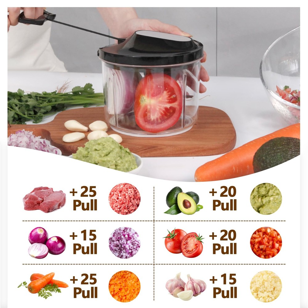 Manual Food Processor Large Vegetable Chopper, 1000ML Pull String Chopper Gar...