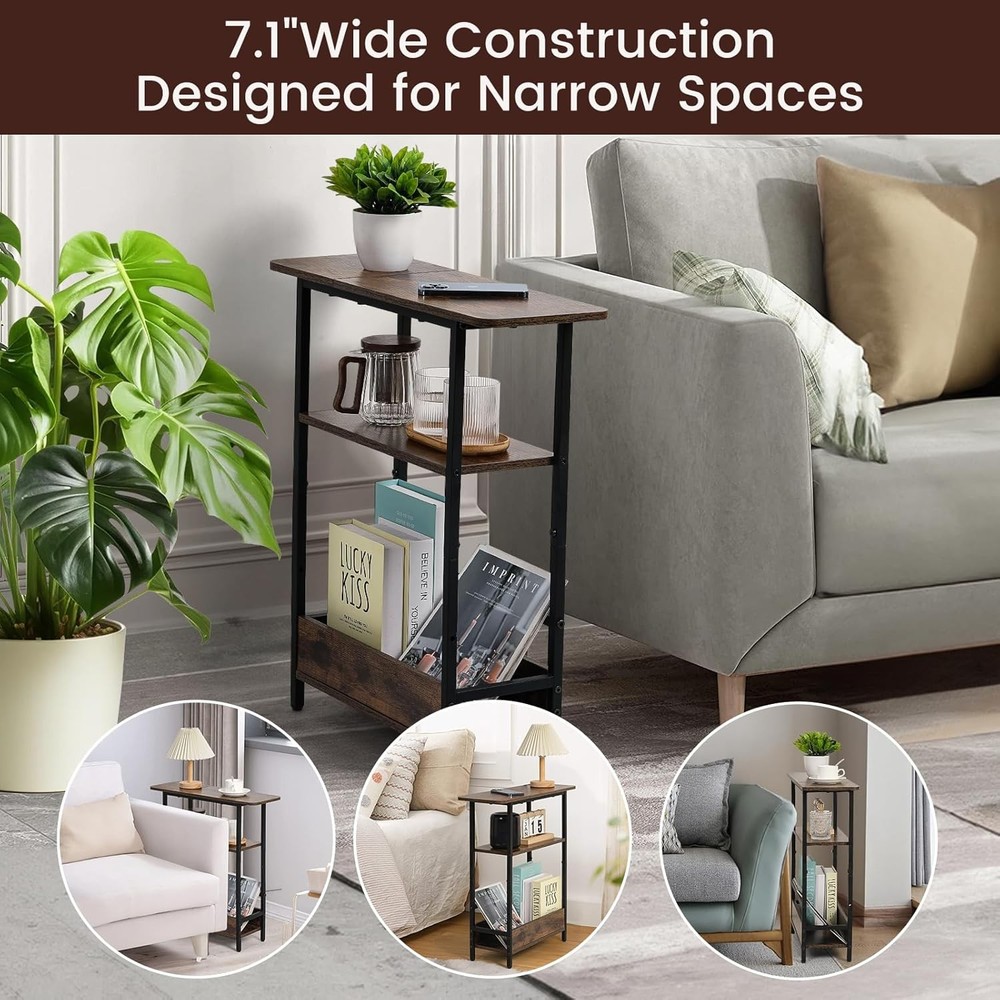 Narrow Side Table Small Spaces 3-Tier Small End Table W/ Storage Shelf &
