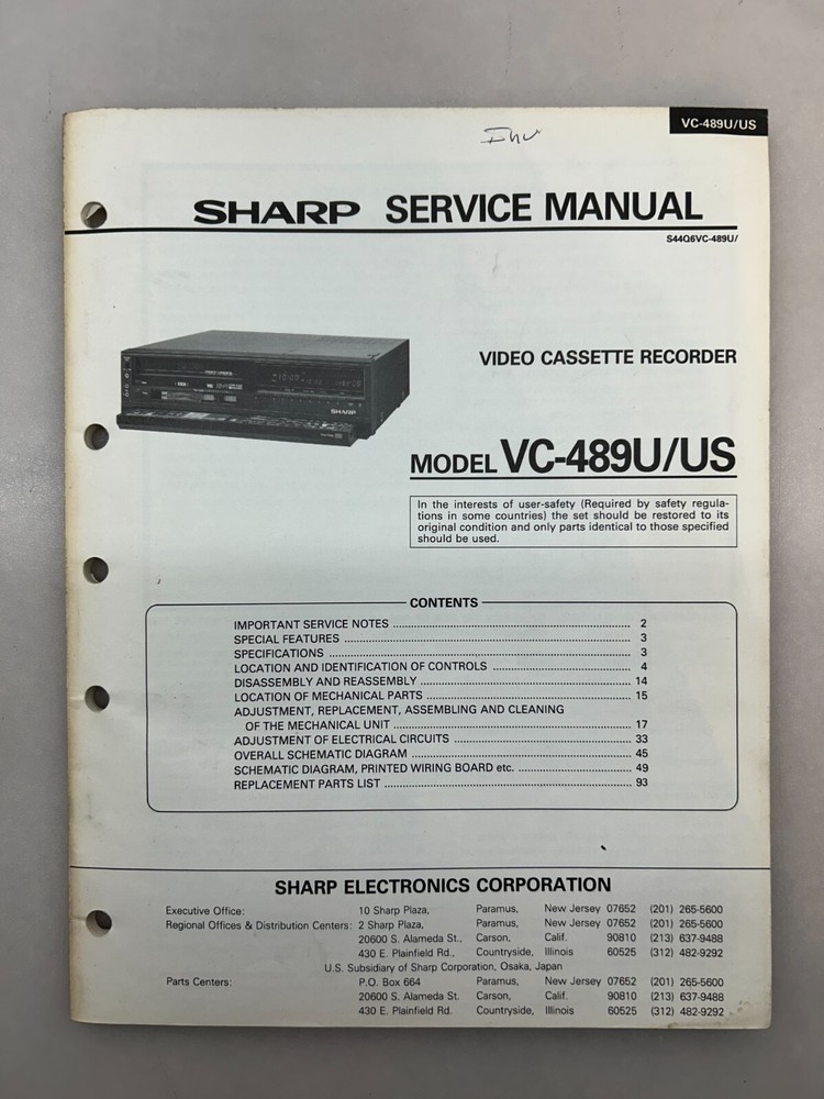 Sharp VC-489 Original Technical Manual Free Shipping