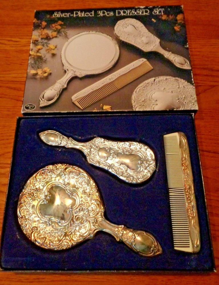 Vintage Silver-Plated 3-Piece Dresser Set Mirror Brush Comb - Silverstar w/ Box