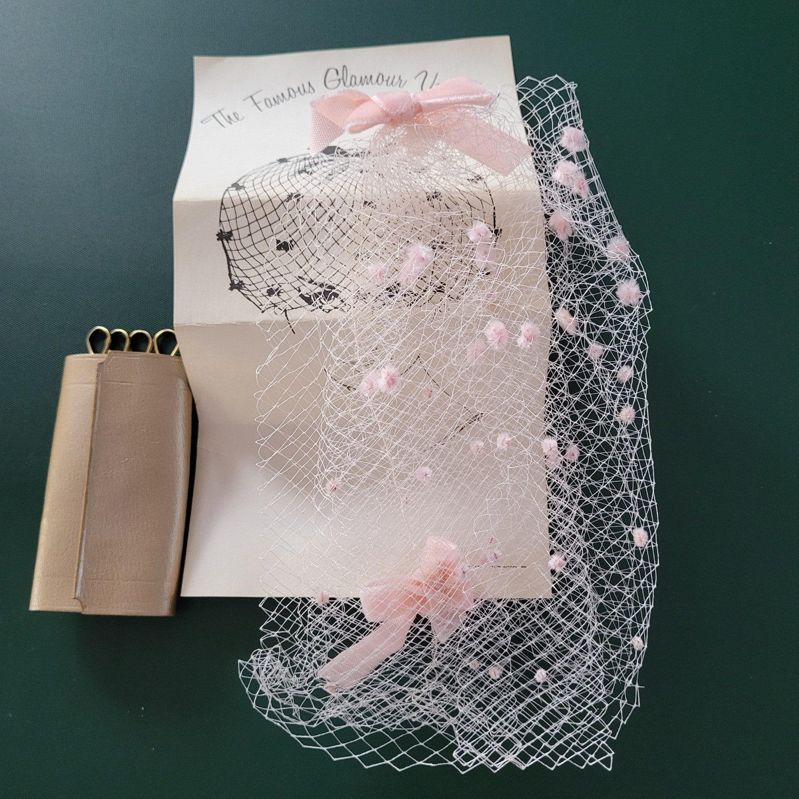 Vtg 1950s Pink Velvet Bow Birdcage Veil Net Hat Hair Piece + Key Holder with Box