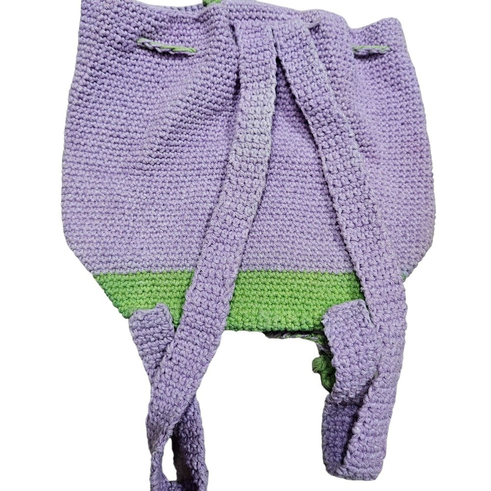 Handmade Crochet Child Backpack Adorned With Floral Design & Drawstring Closure