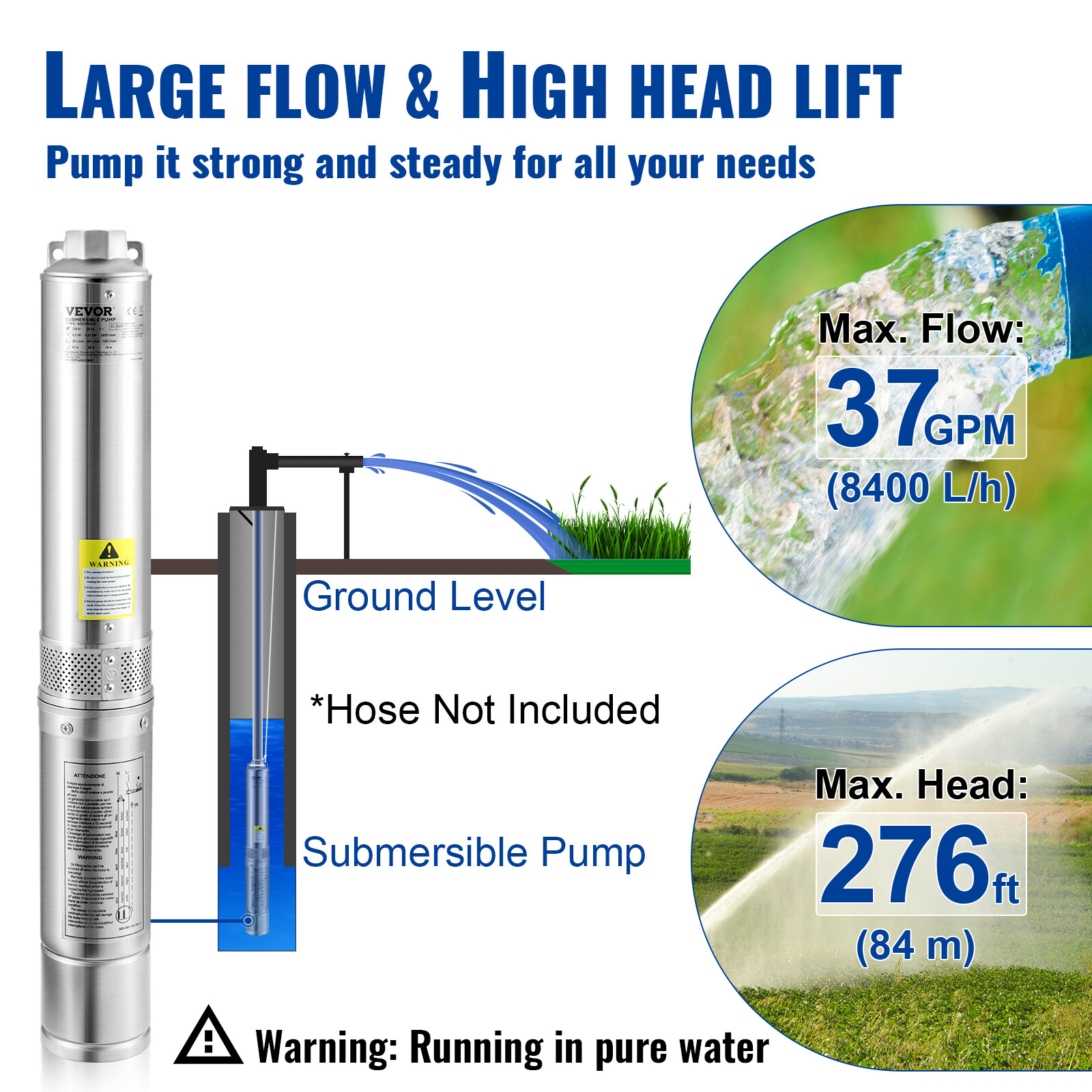 VEVOR 1-1/2HP Deep Well Pump 276ft Submersible Pump 37GPM Stainless Steel 230V