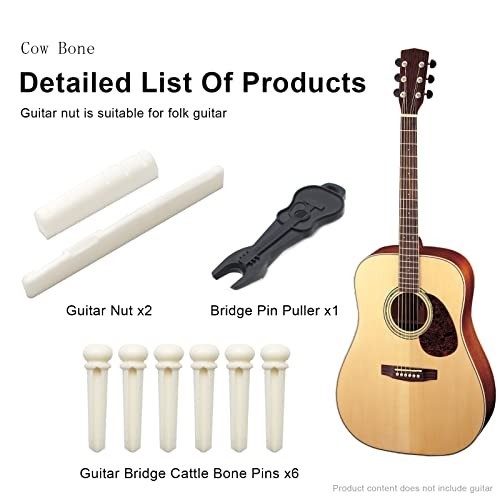 6-String Acoustic Guitar Bone Bridge Saddle & Nut, 6 Bridge Pins + Puller Tool